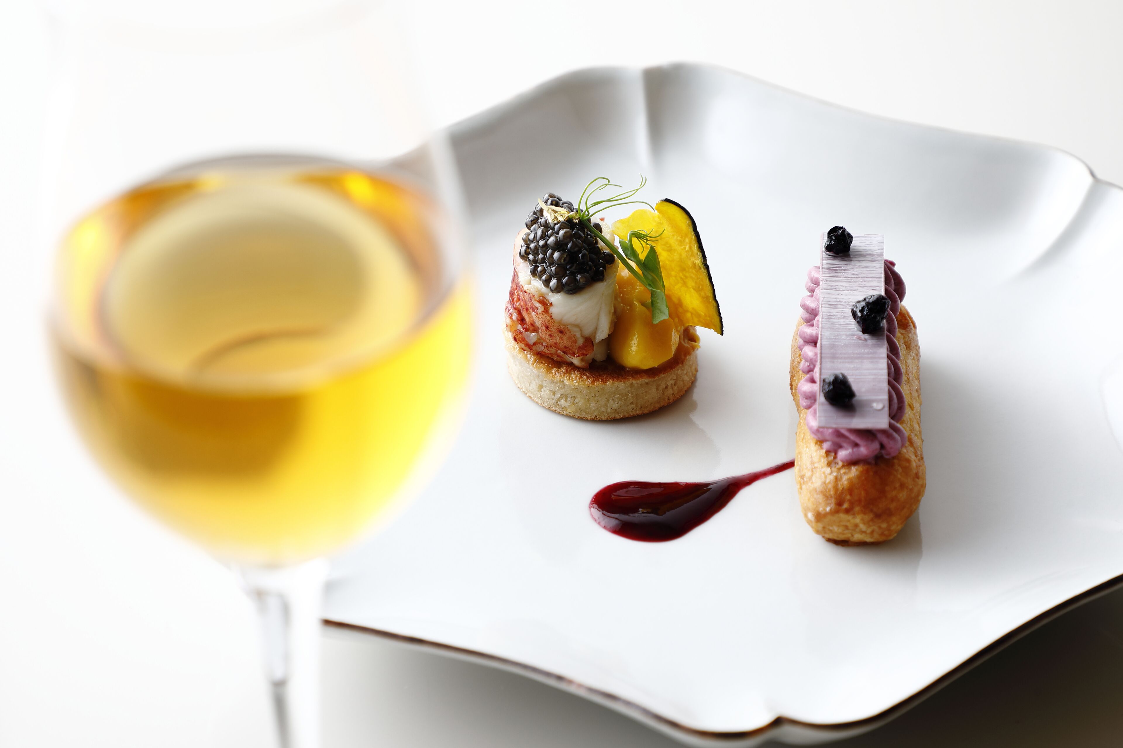 Two gourmet appetizers on a white plate with a glass of white wine.