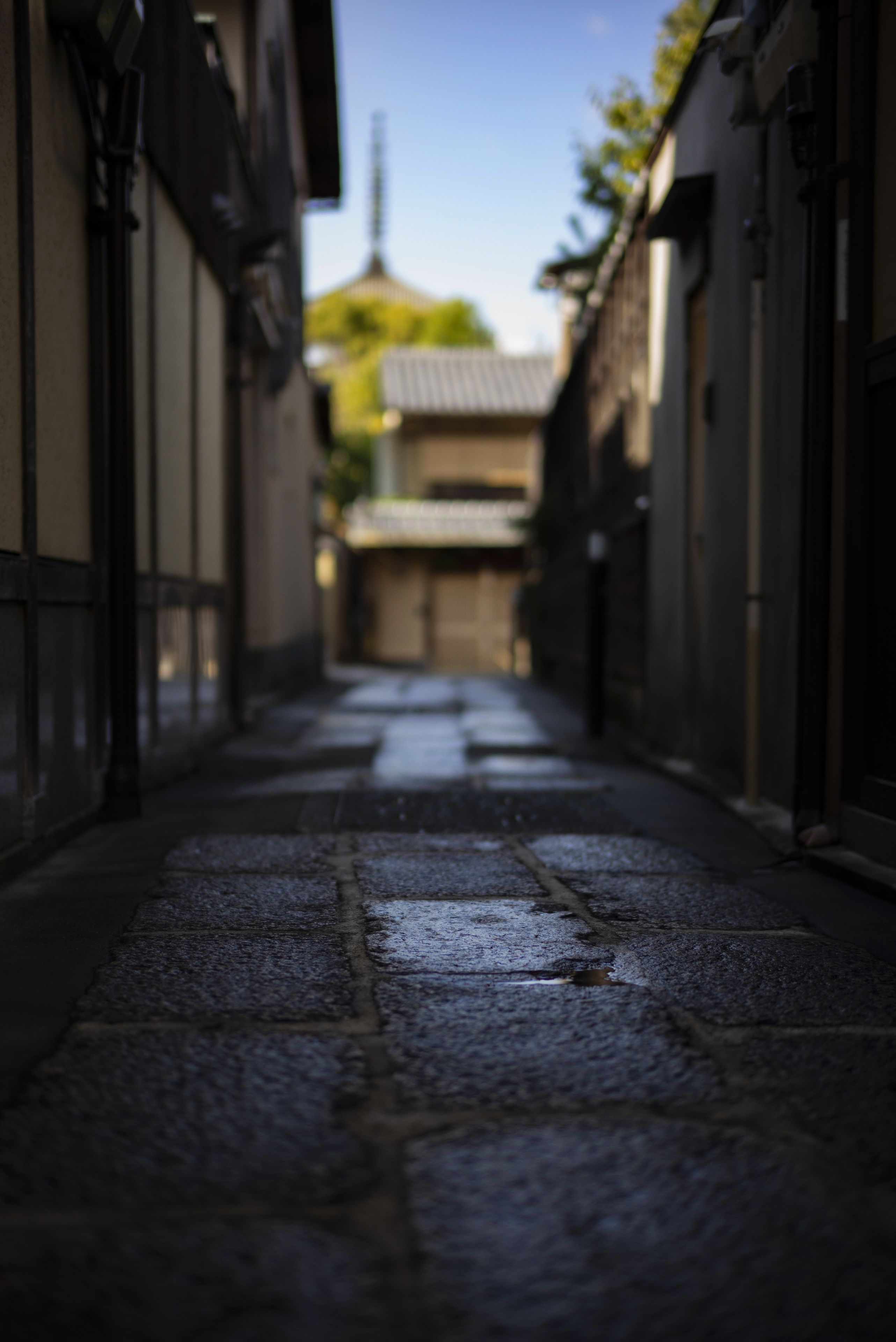 A narrow alleyway with stone pavement, flanked by buildings with traditional architecture.
