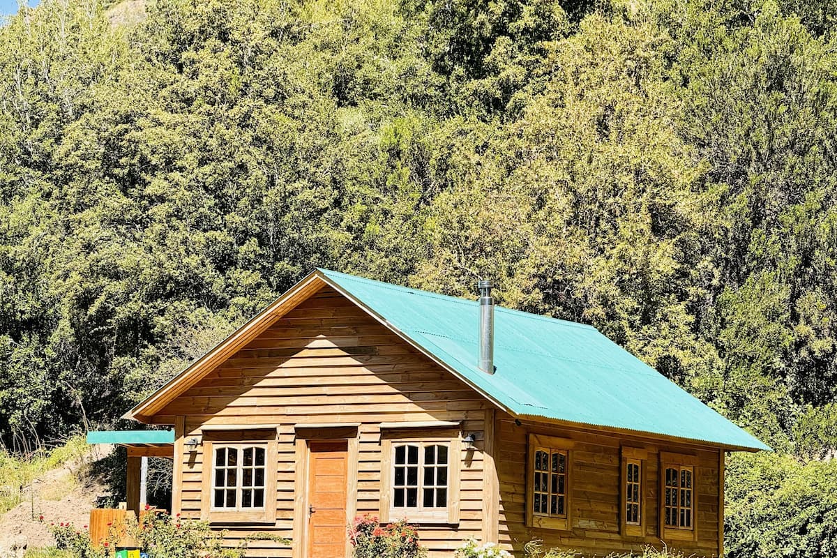 Une cabane en bois avec un toit vert, entourée d’une forêt dense.
