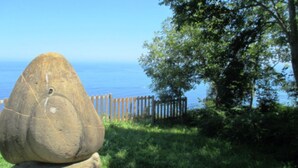 Una gran roca en un entorno natural, con una cerca de madera y un árbol al fondo.