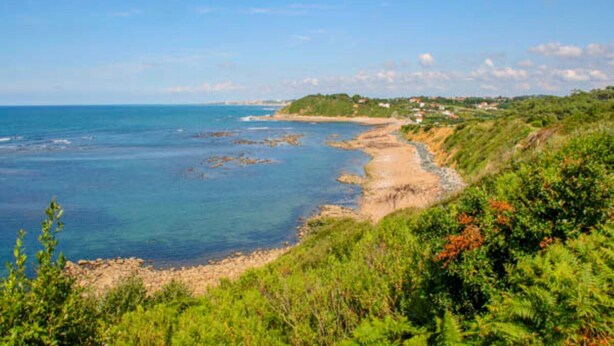 Un paisaje costero con vista despejada al mar, una playa de arena y una ladera verde.