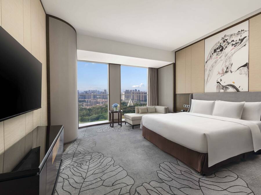Una habitación de hotel moderna con una cama grande, un televisor de pantalla plana, vista a la ciudad y un elemento decorativo en la pared.