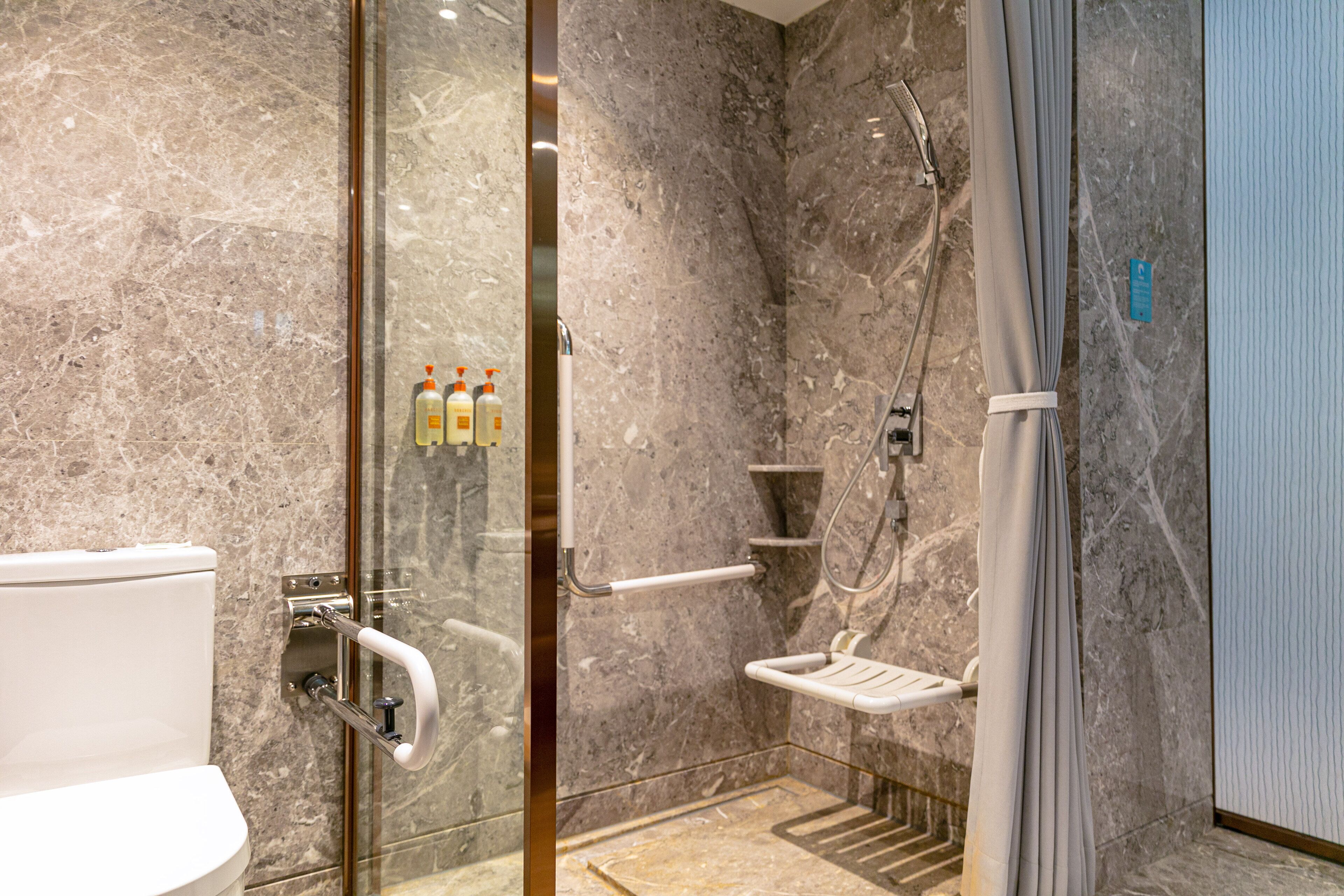 A modern bathroom with a glass-enclosed shower, a toilet with grab bars, and a shelf with toiletries.