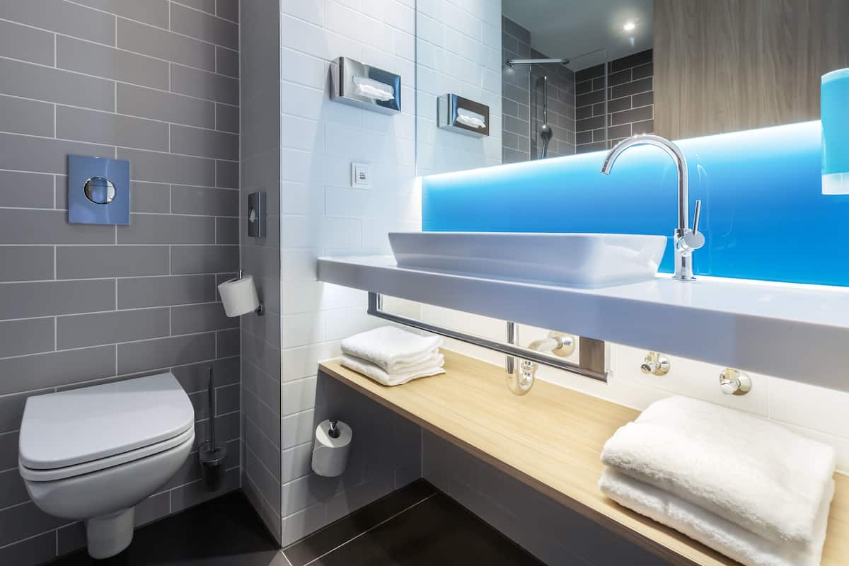 Shower, eco-friendly toiletries, hair dryer, towels