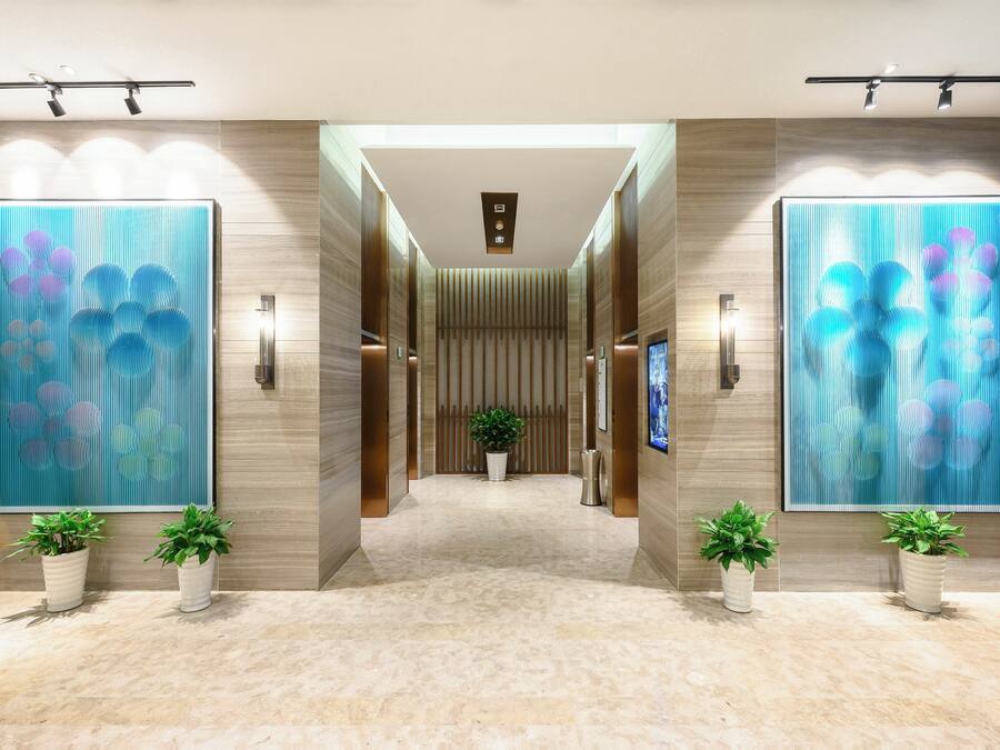 A modern hotel lobby with a central corridor, flanked by large abstract paintings, potted plants, and a row of elevators.