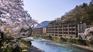 Un edificio moderno con grandes ventanales que dan a un río, rodeado de cerezos en flor y un paisaje montañoso.