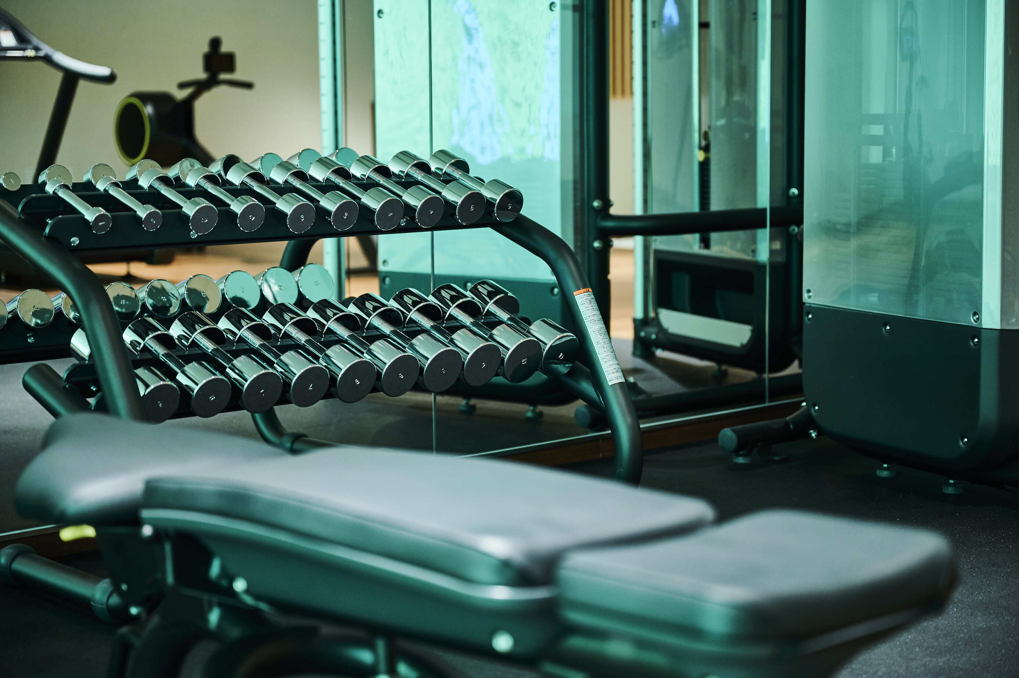 Ein Fitnessraum mit einer Bank und einer Hantelbank.