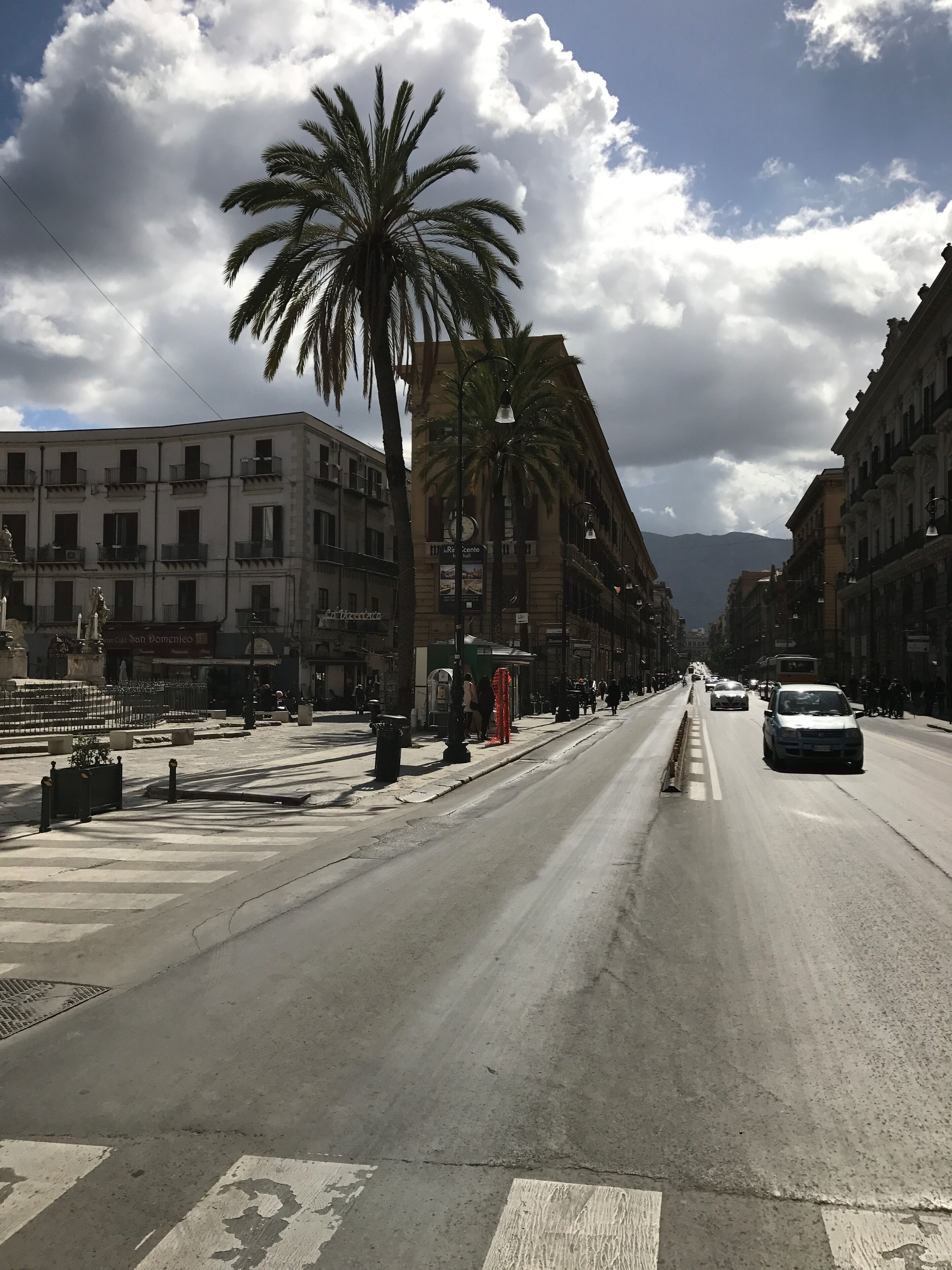 Una calle con edificios, palmeras y un cielo despejado.