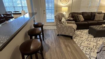 Télévision, cheminée, lecteur de DVD, livres