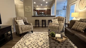 Télévision, cheminée, lecteur de DVD, livres