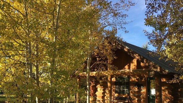 Une cabane en rondins dotée d’un porche et d’un banc, entourée d’arbres aux feuilles jaunes.