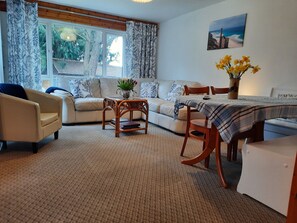 Smart-tv, eldstad, dvd-spelare och ett bordtennisbord