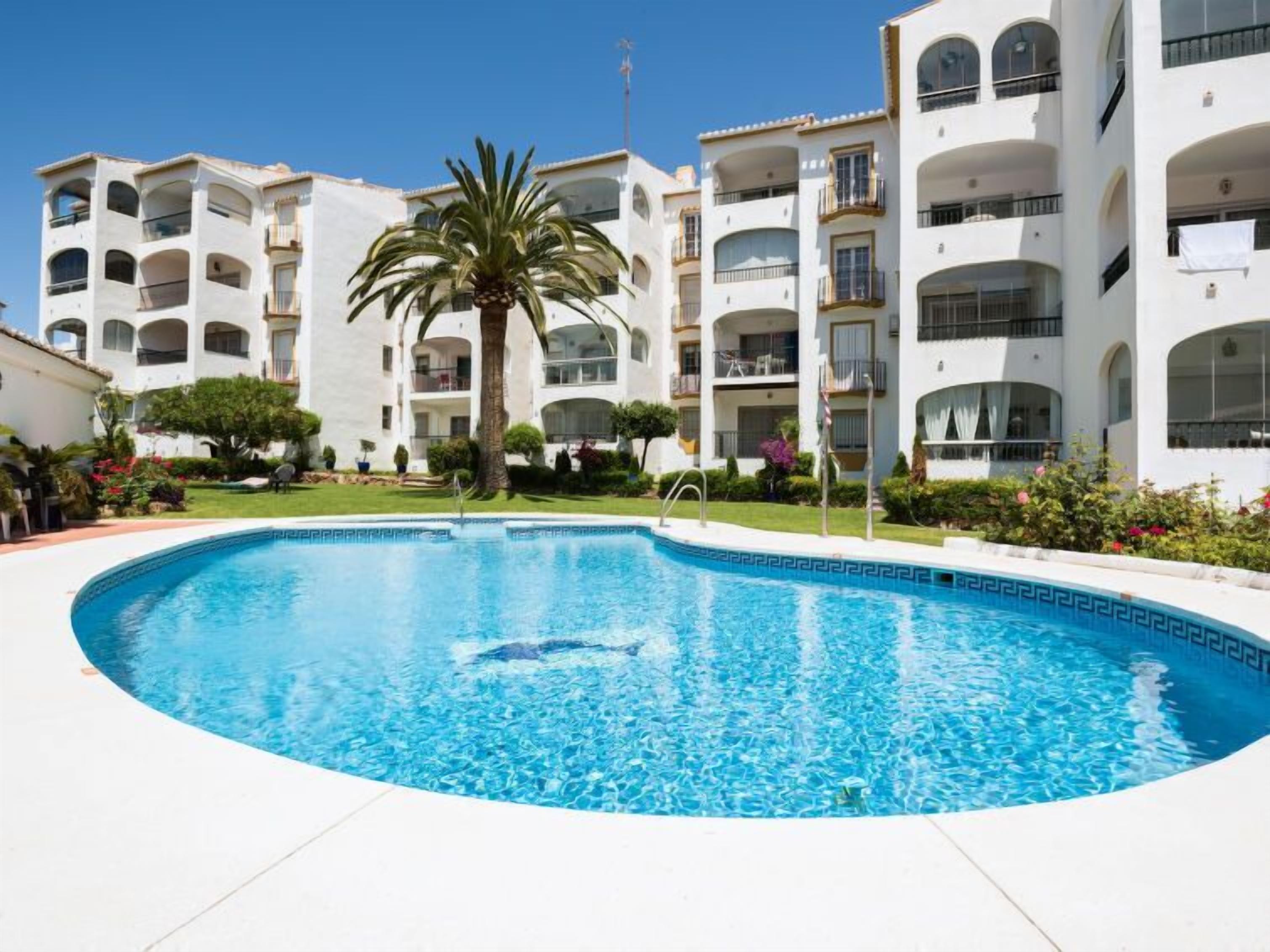 Una piscina rodeada por un edificio blanco con varios balcones y una palmera.