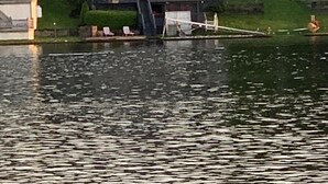 Une maison à deux étages avec un quai s’avançant dans un lac, entourée d’une forêt dense.