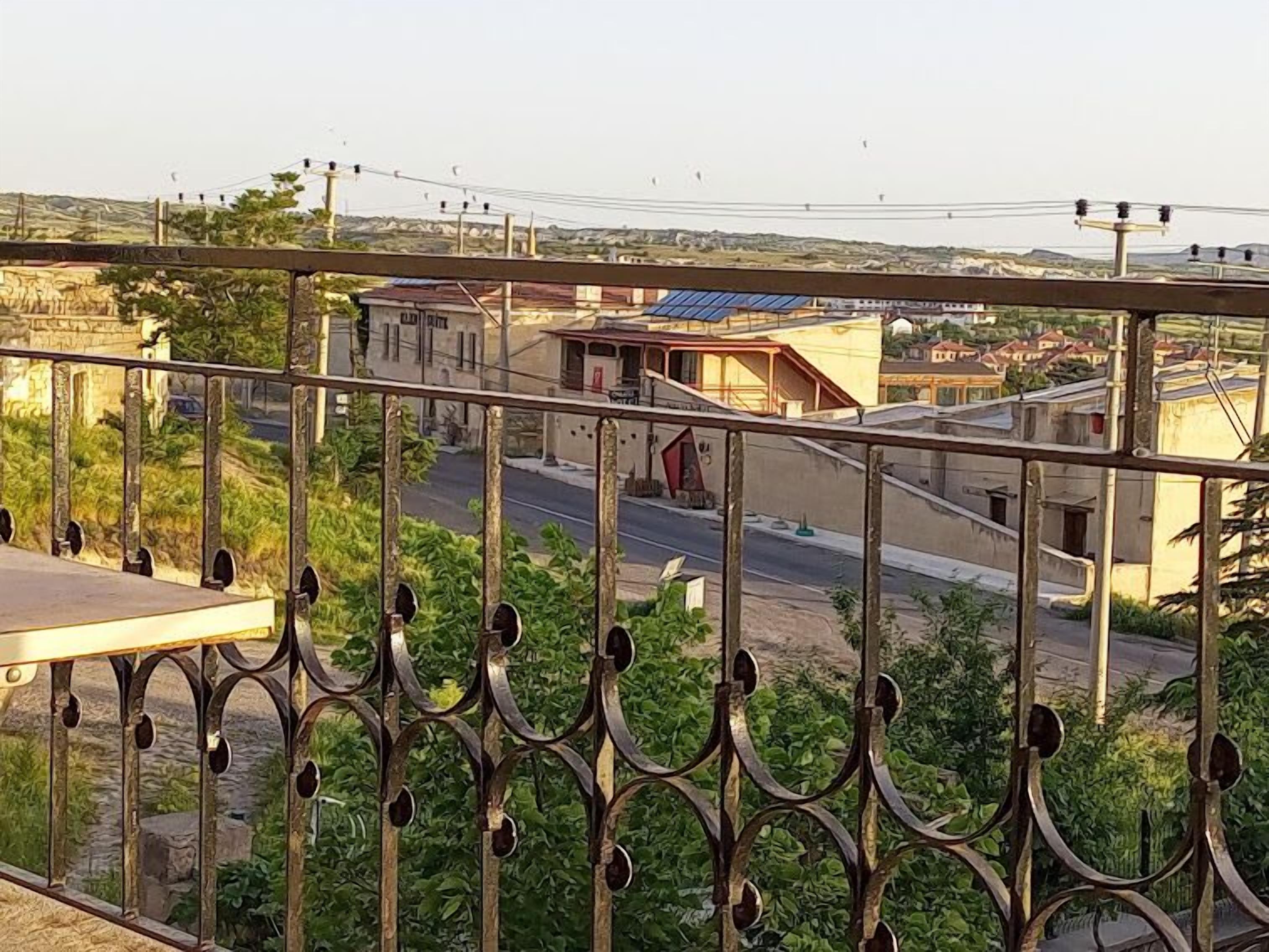 Un balcon doté d’une rambarde en métal, donnant sur une rue bordée d’immeubles et d’espaces verts.