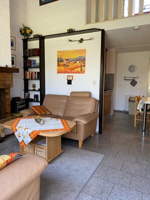 TV, fireplace, table tennis, books