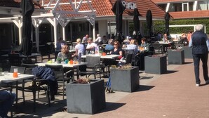 Un espace extérieur aménagé pour les repas, avec des tables et des chaises, entouré de parasols et de plantes en pot.