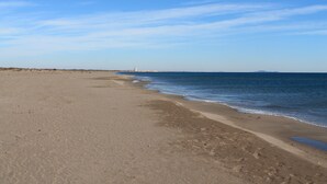 Une vaste plage de sable fin, avec des vagues douces, un ciel dégagé et des reliefs lointains.