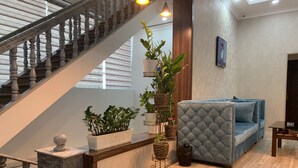 Ein modernes Wohnzimmer mit Treppe, einem blauen Sofa und zahlreichen Blumentöpfen.