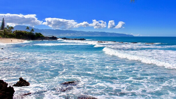 Una platja amb ones, cel blau i muntanyes al fons.