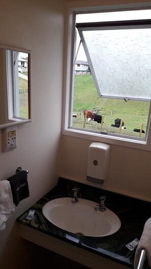 A bathroom with a sink, a mirror, a window with a view of cows in a field, and a soap dispenser. - Kea Motel & Holiday Park (Putaruru)