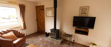 LCD-Fernseher, Kamin, DVD-Player, Bücher