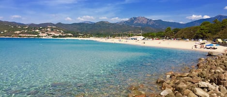 On the beach, sun-loungers