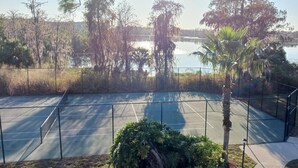 Una cancha de tenis con una valla perimetral, una palmera y un cuerpo de agua al fondo.