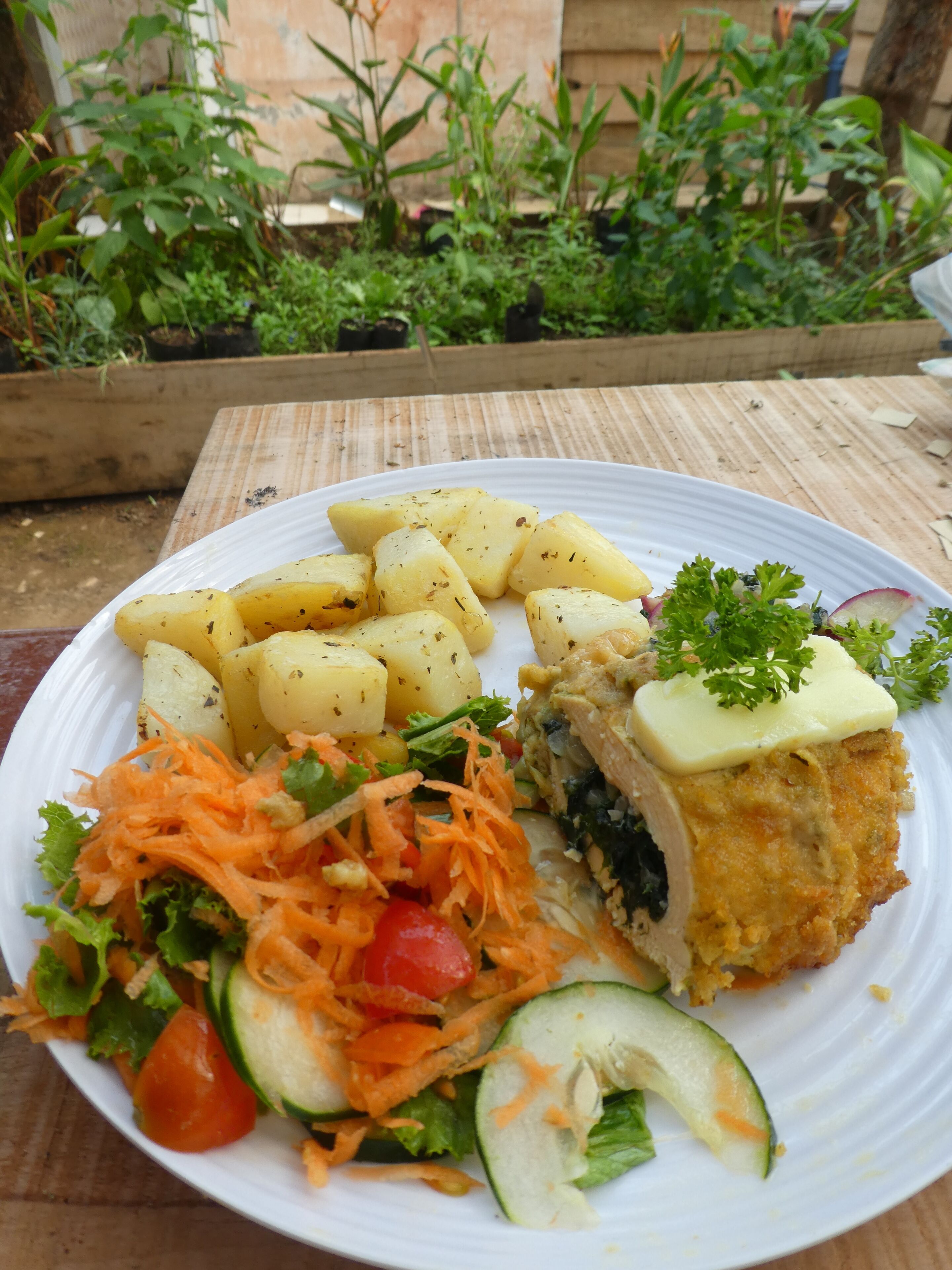 Un plato de comida con papas, ensalada y un trozo de pollo empanizado.