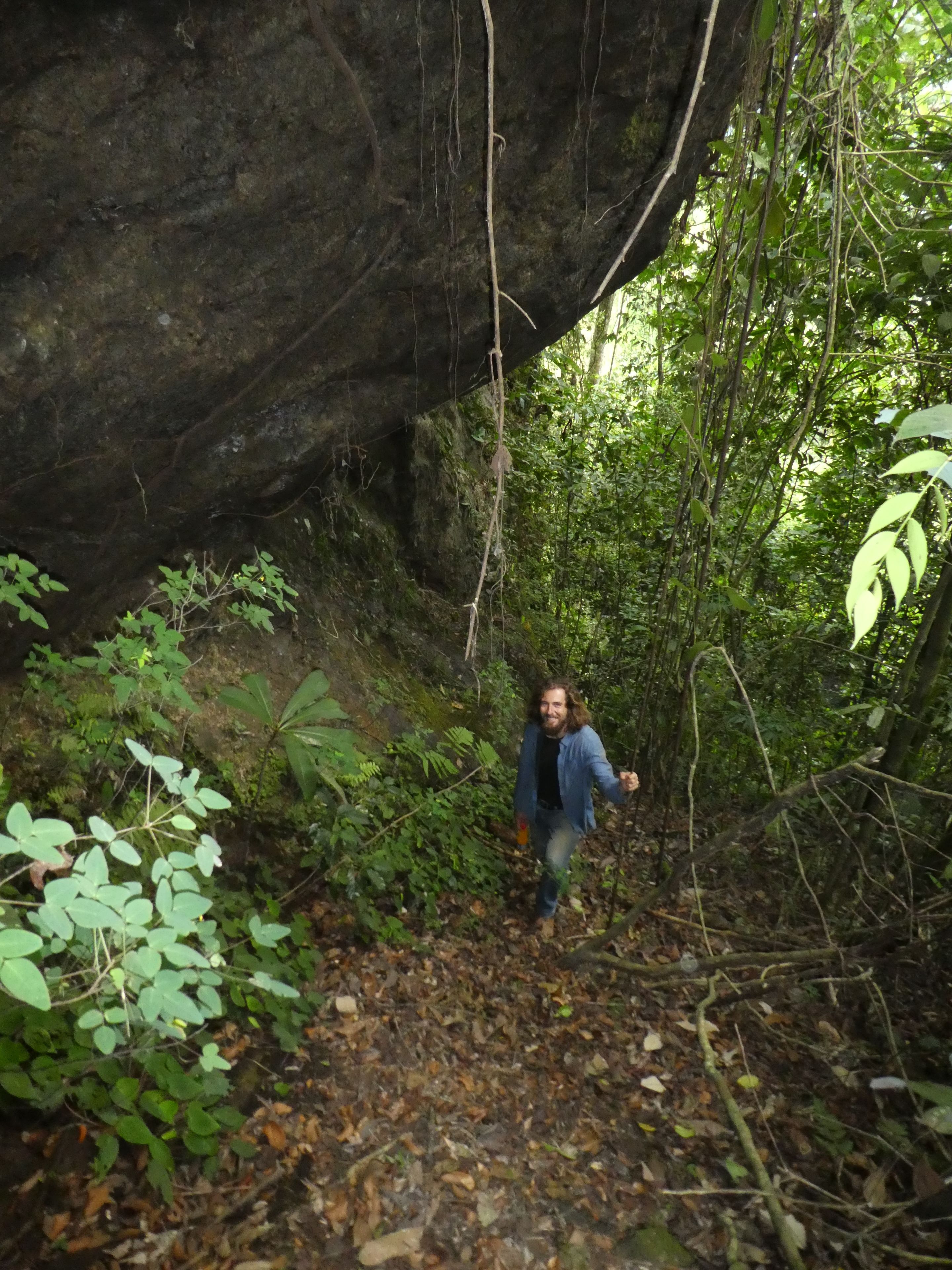 Uma pessoa caminhando por uma trilha na floresta, cercada por vegetação densa e uma grande formação rochosa.