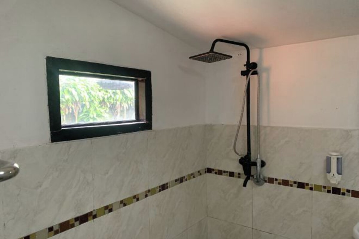 Un baño con ducha, ventana con vista a la vegetación y suelo de baldosas con un borde decorativo.