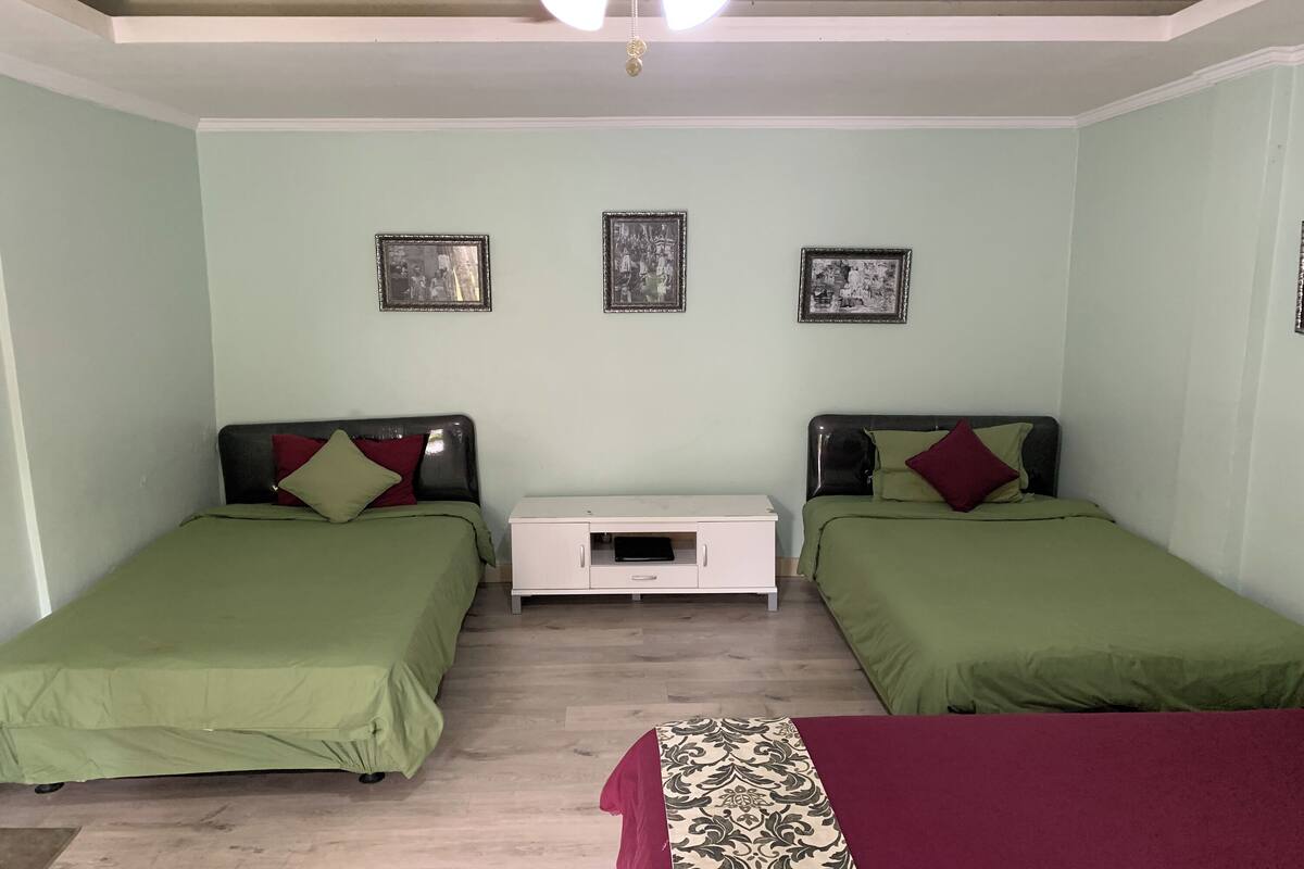 Una habitación con dos camas individuales, una mesita de noche y tres cuadros en la pared.