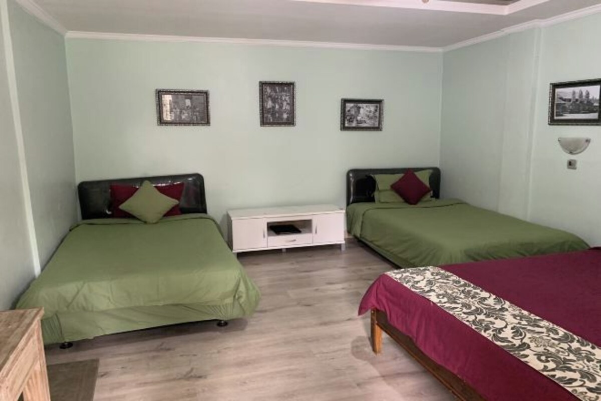 Una habitación con dos camas individuales, una mesita de noche y una cama grande con colcha estampada.