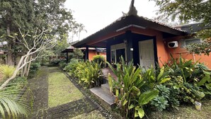 Une maison avec un toit en tuiles, un petit porche et un jardin où poussent différentes espèces de plantes.
