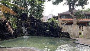 Une piscine agrémentée d’une cascade, entourée de plantes tropicales et dotée d’une terrasse en bois.
