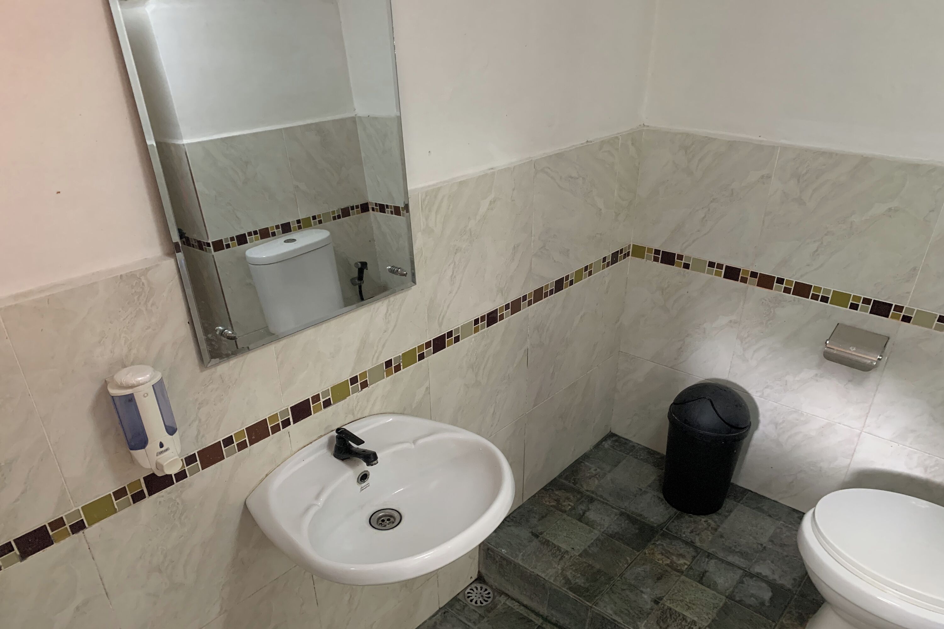 A bathroom with a white sink, a toilet, and a mirror.