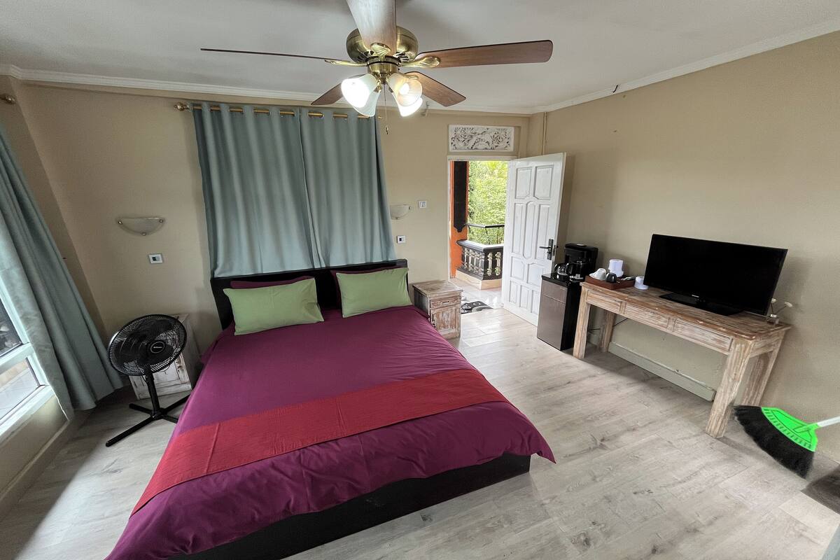 Un dormitorio con cama, ventilador de techo, televisor y un escritorio pequeño.