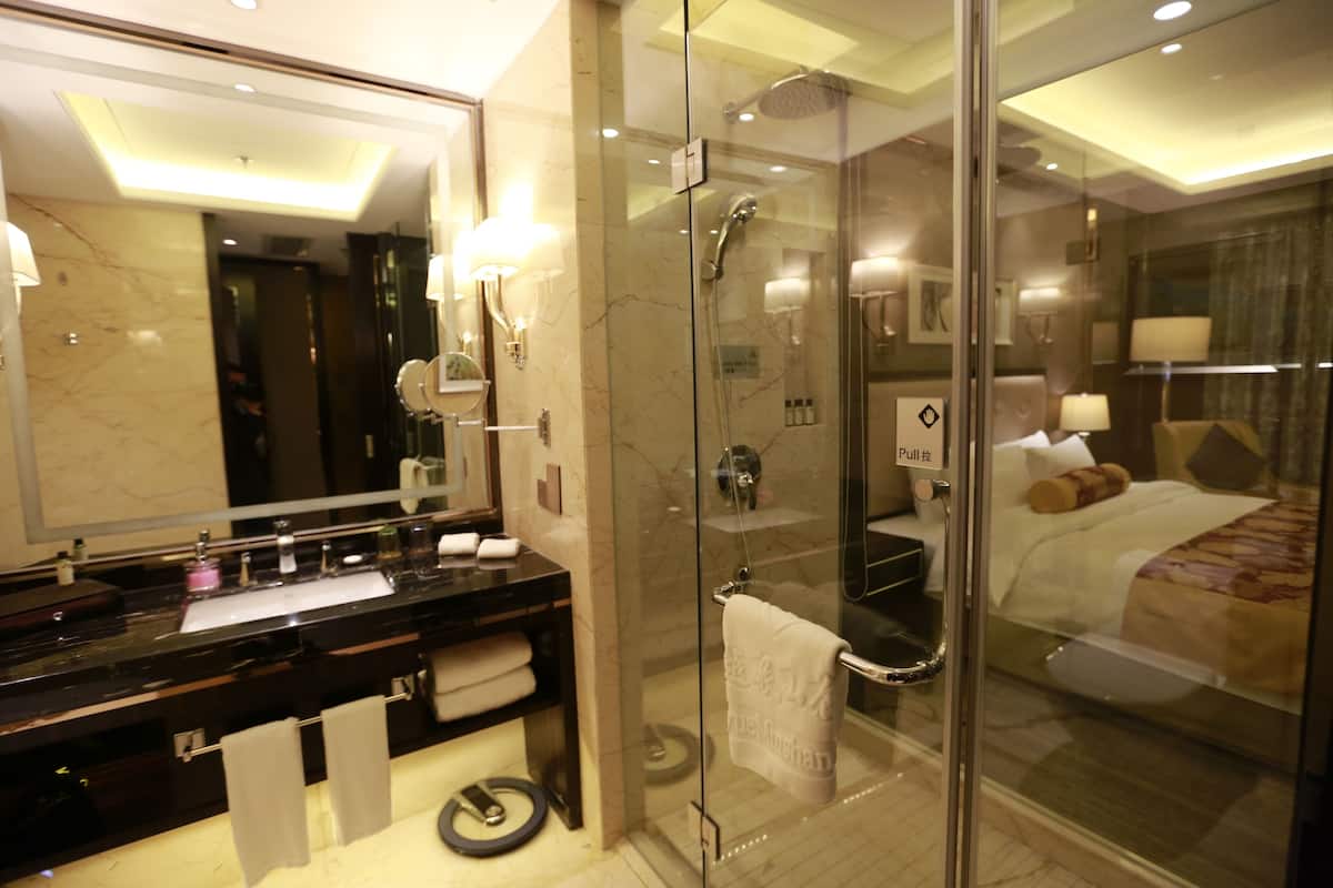 A modern hotel bathroom with a glass-enclosed shower, a large mirror, and a vanity with a black countertop.