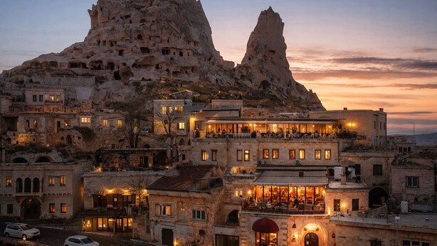 A hotel with multiple stories, balconies, and a view of a rocky mountain. - Hu of Cappadocia (Nevsehir)