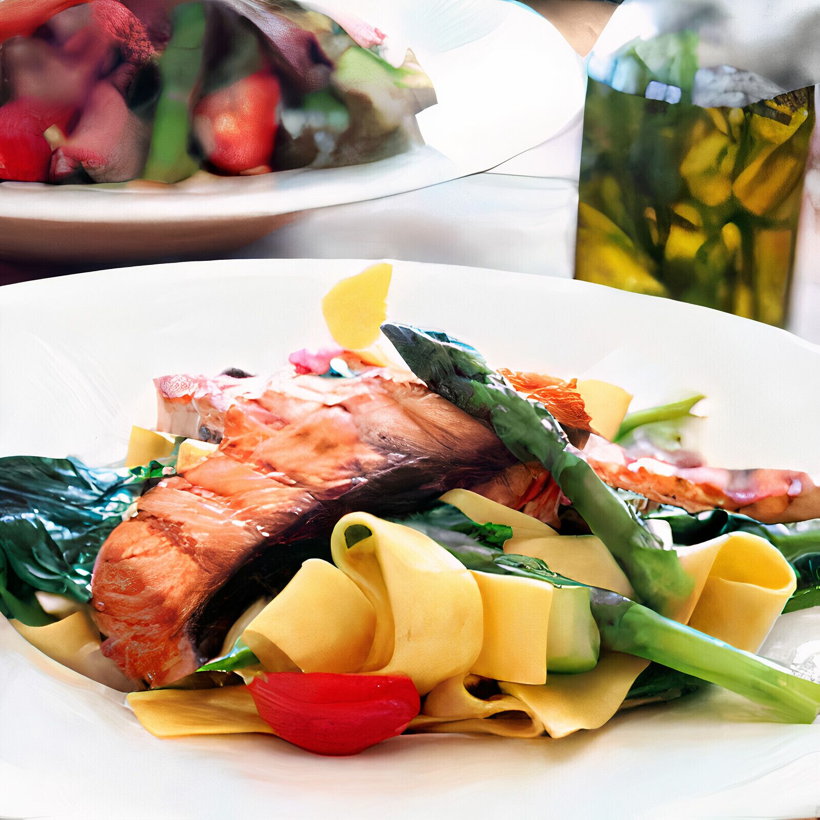 A plate of food with salmon, asparagus, and pasta.