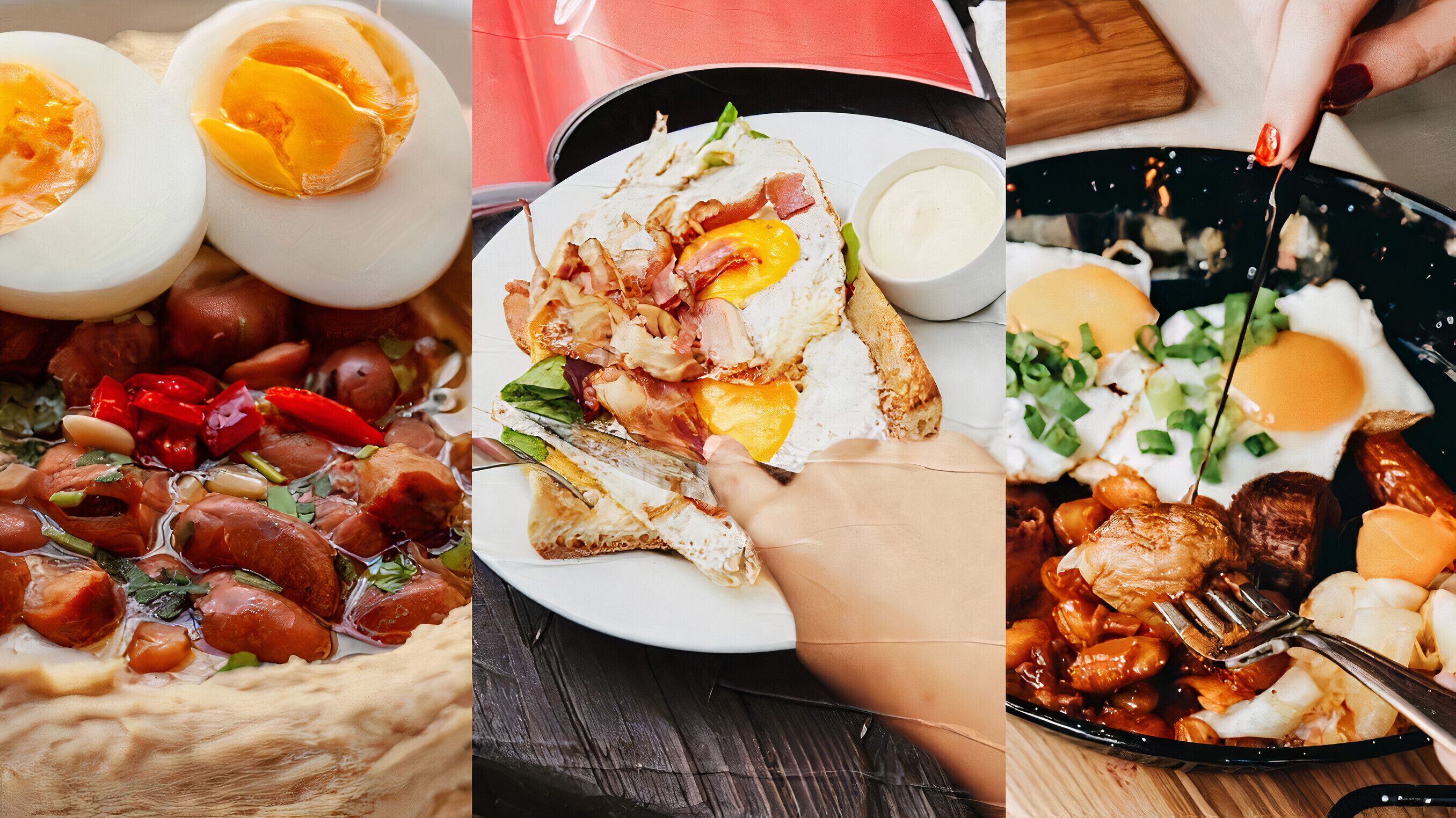 A variety of breakfast dishes including eggs, bacon, and sausages.