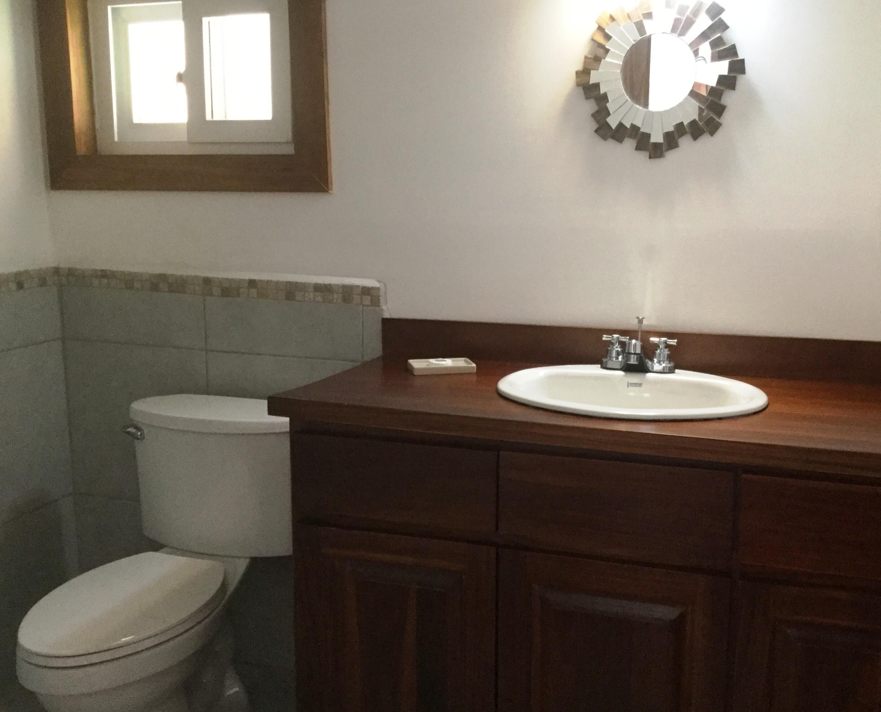 A bathroom with a toilet, a sink, and a mirror.