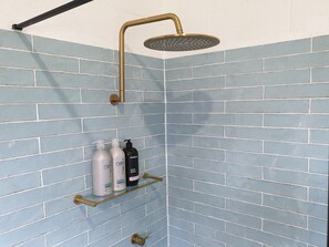 Chuveiro, secador de cabelo, toalhas de banho, shampoo