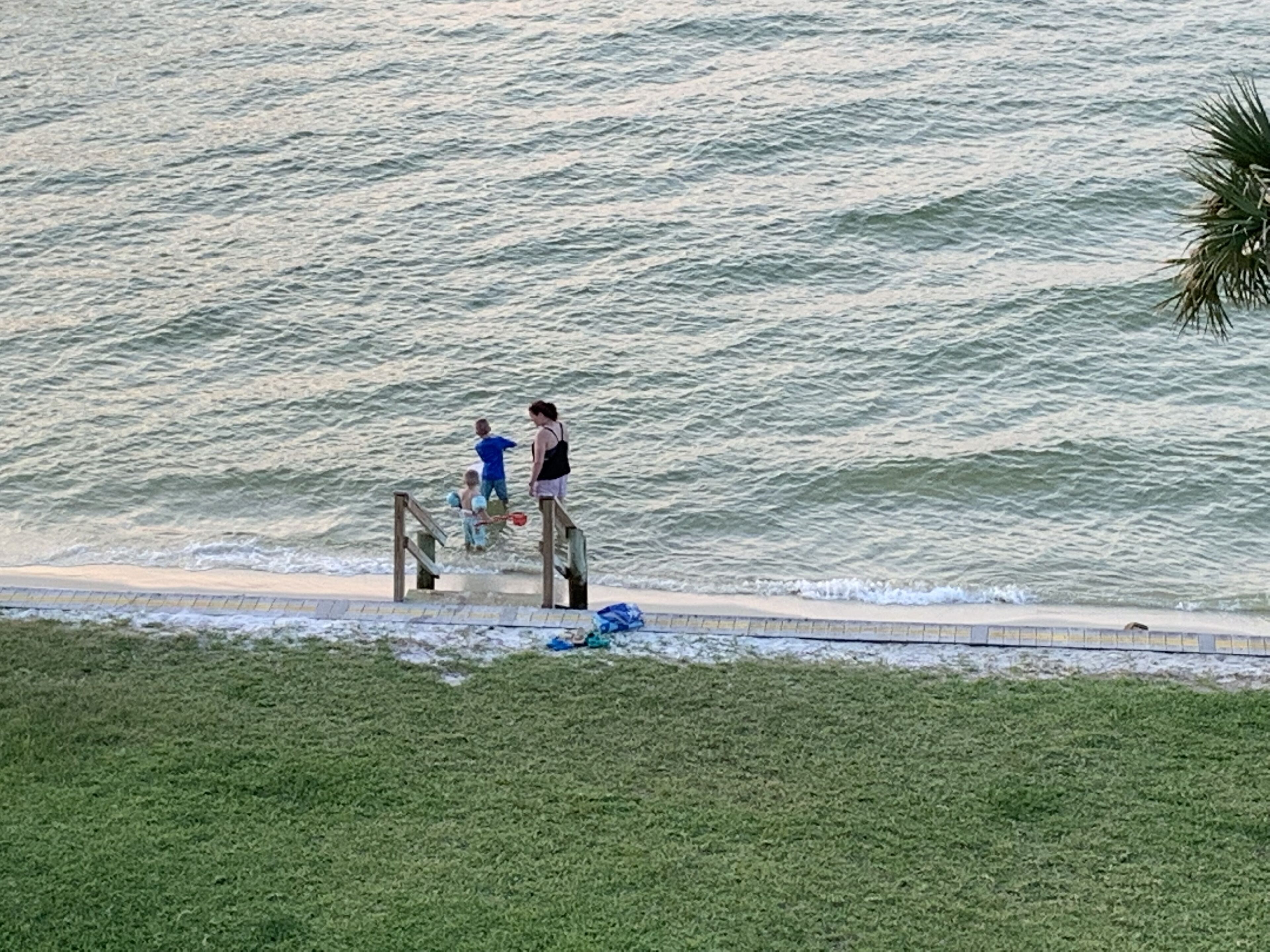 Ein Strand mit einer Holztreppe, die zum Wasser führt, einer Palme und einer Sandfläche.