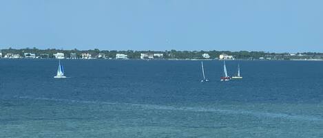 A coastal view with sailboats on the water and a row of houses in the background.