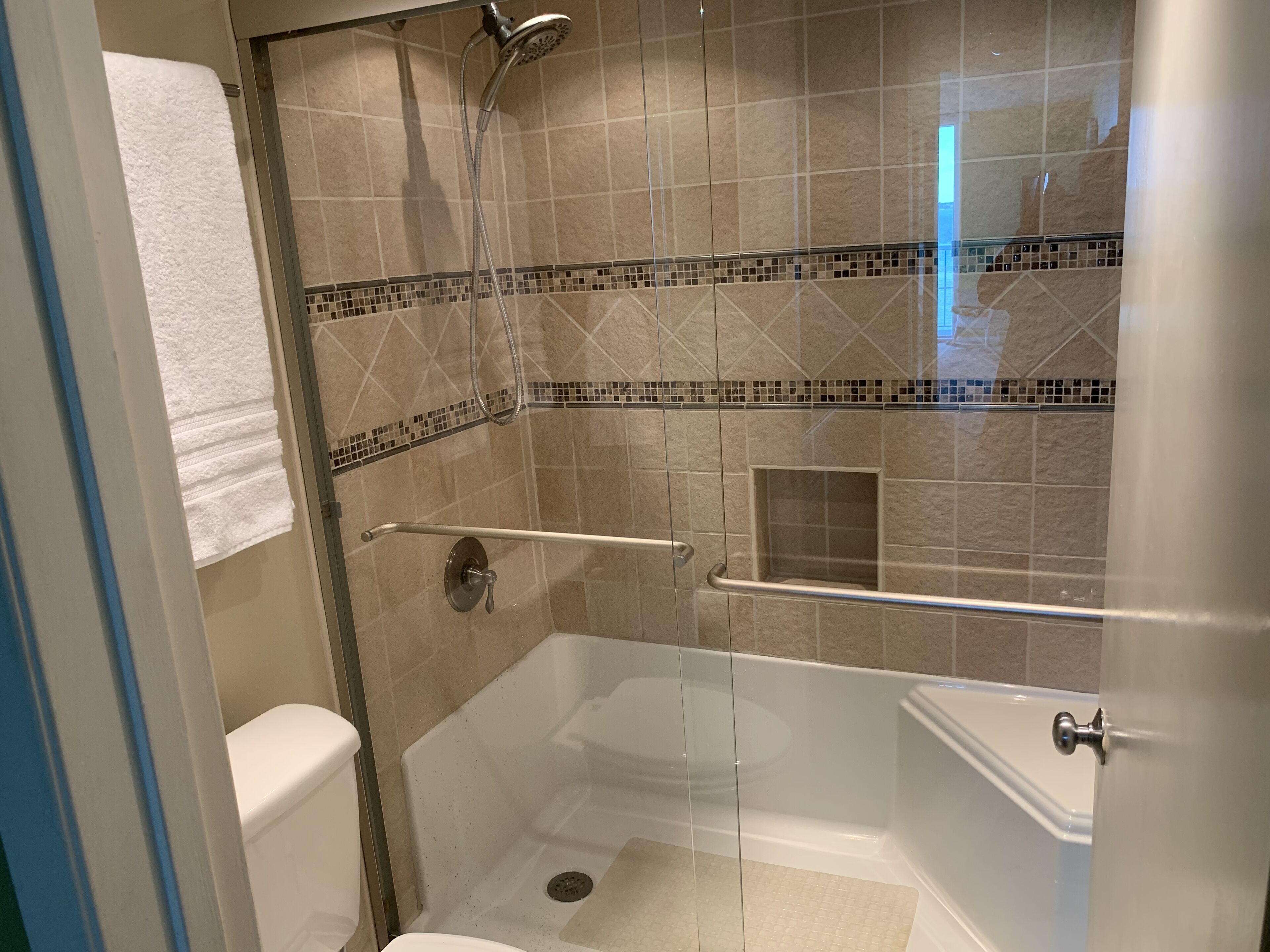 Une cabine de douche fermée par des parois en verre, dotée d’un pommeau de douche à main, d’une porte en verre et de toilettes blanches.