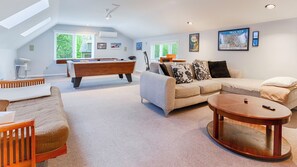 TV, fireplace, table football