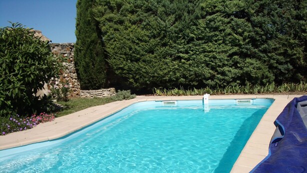 A rectangular swimming pool with clear blue water, surrounded by a stone wall and lush greenery. - rental house in the Luberon (ROUSSILLON)