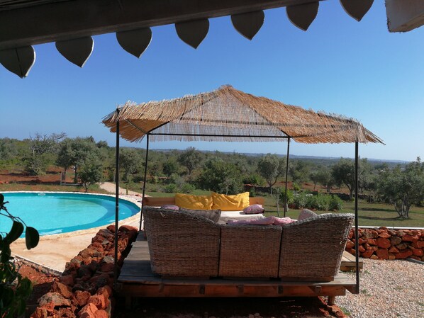 A covered outdoor seating area with a view of a swimming pool and a landscape.