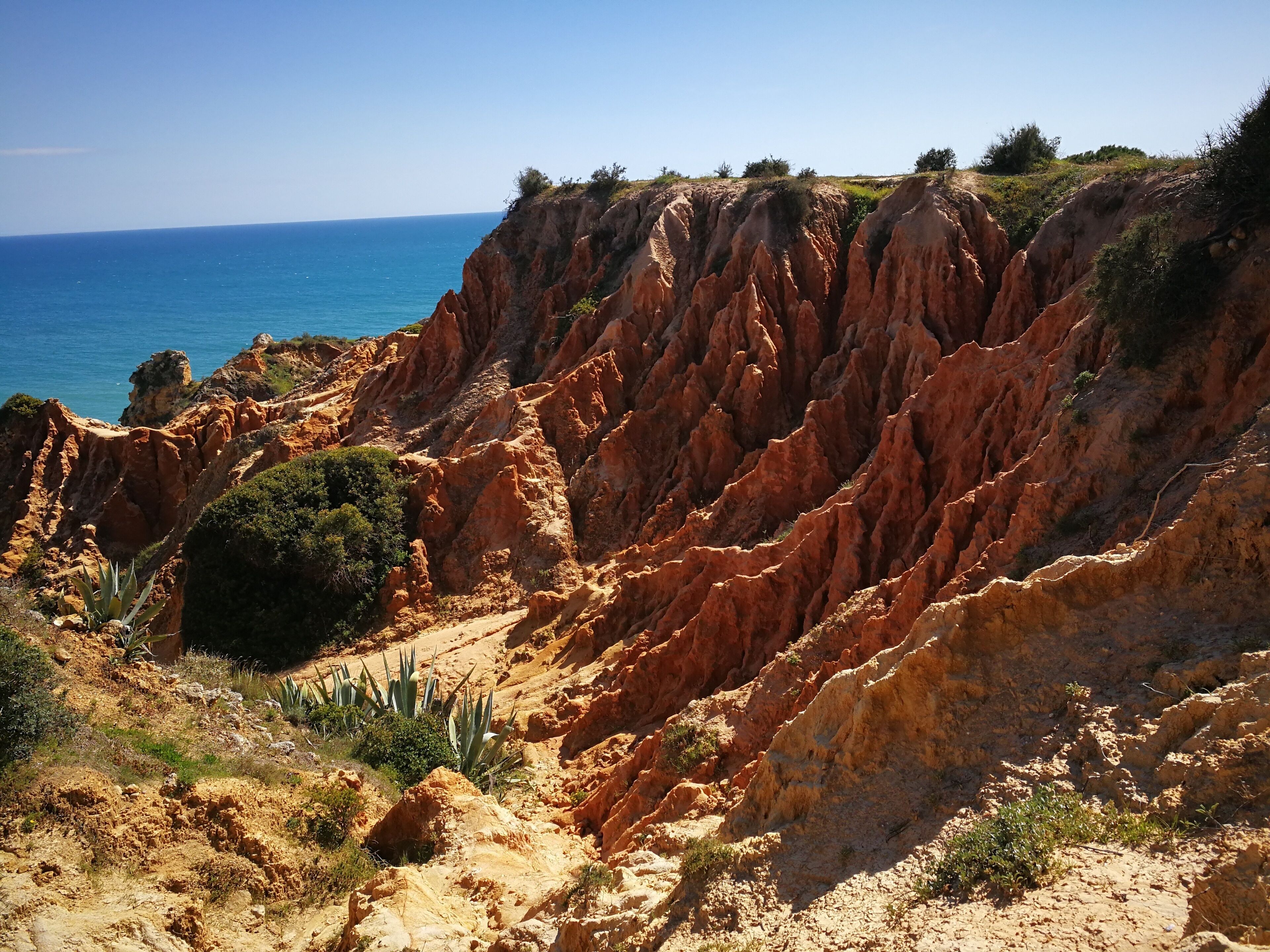 A coastal landscape with rugged cliffs and sparse vegetation.